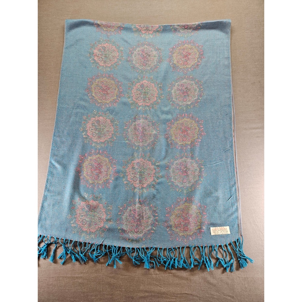 Jerusalem 100% Cashmere Scarf Reversible Mandala Floral Fringe Blue Pink Wrap